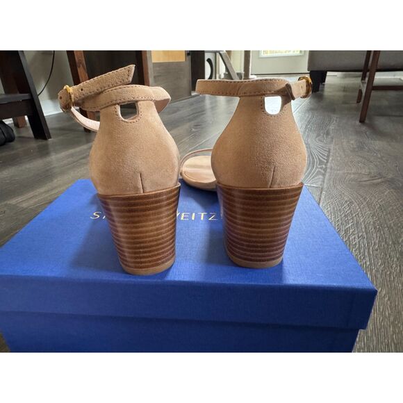 Stuart Weitzman Simple Adobe Suede Stacked Nudist Sandal Heel 39 8.5 NEW W/BOX - Picture 4 of 8